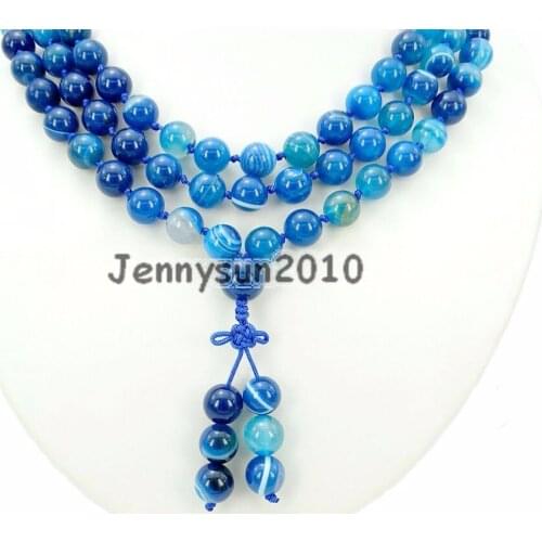 Natural Blue Stripe Ag-ate 10mm Gems Stone Buddhist 108 Beads Prayer Mala Knot Necklace Multi-Purpose 5Strands/Pack