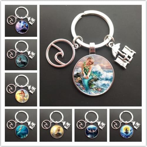 2021 new beauty mermaid girl gift dream come true round glass cabochon keychain car keychain ring holder charm gift keychain
