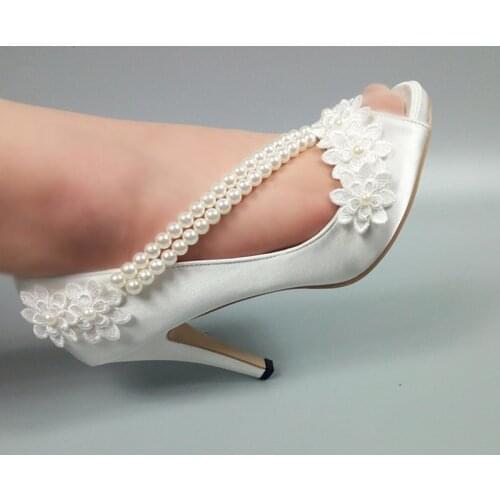 BaoYaFang New Peep Toe pearl Womens wedding shoes open side ladies party dress shoes Fish Toe Flower shoes female big size 43