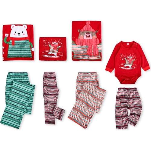 Bear print father and son solid color top family matching suit cartoon animal print mom dad child baby sleeping clothes suit