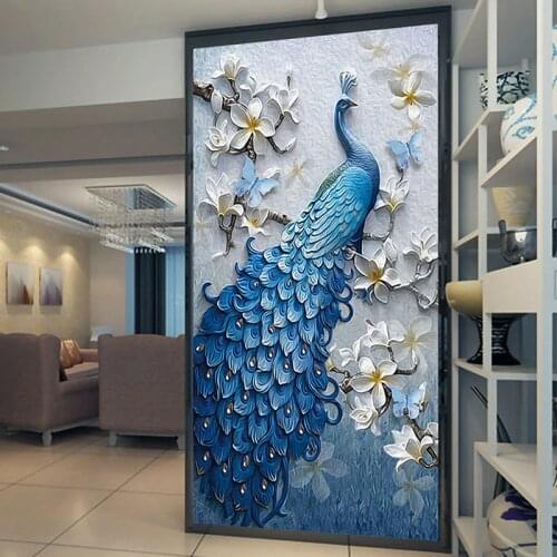Custom Photo Wallpaper Murals 3D Embossed Peacock Flower Hallway Entrance Hall Wall Decor Mural Wall paper Papel De Parede 3D
