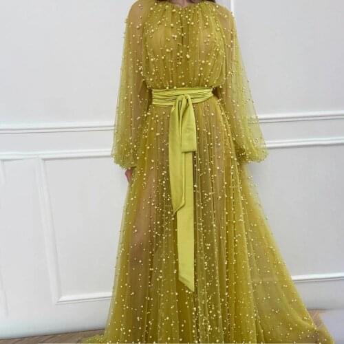 High Neck See Through Scatter Pearl Yellow Prom Dress with Long Sleeves with Sash Formal Evening Dresses Party Gown