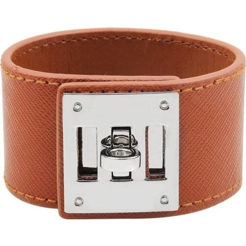 Luxury Cuff Women Leather Bracelet Bangles Simple Steel Lock Design Wide Wrap Charm Bracelets Female Jewelry