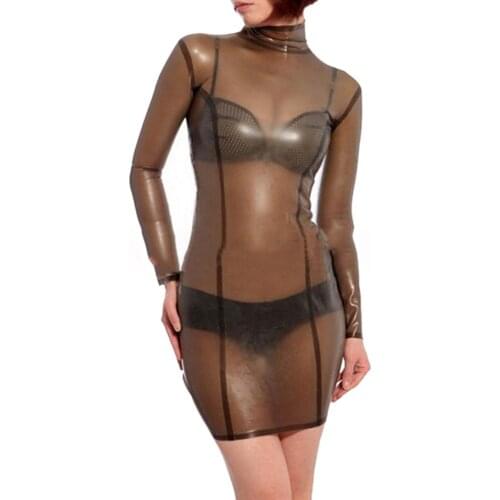 Sexy transparent black womens bondage long sleeve latex dress with back zipper to waist decorations