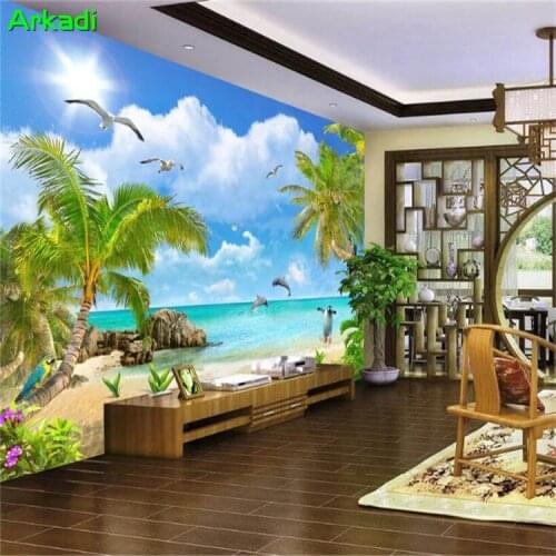 Mediterranean scenery seascape wallpaper summer scenery coconut palm beach blue sky white clouds sun beach 3D custom mural