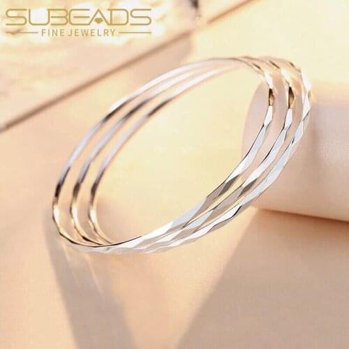 Subeads 925 Sterling Silver Shiny Simplicity Bracelet Smooth Diamond Bangle for Women Bride Fashion Wedding Jewelry