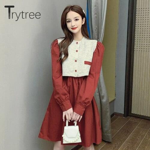 Trytree 2020 Spring Autumn Two Piece Women Sets Casual Single-breasted Knitted Vest + Shirt Dress Solid Office Lady 2 Piece Set