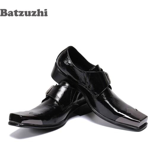 Batzuzhi Black Genuine Leather Dress Shoes Men Western Fashion Mens Shoes Metal Cap Toe Buckle Formal Business Leather Oxfords