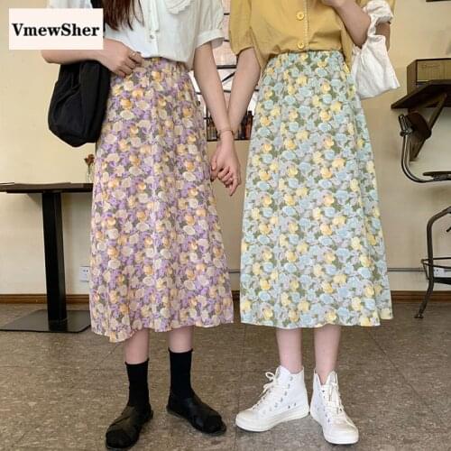 VmewSher New Summer Floral Women Skirts Midi-calf Long a Line Female Spring Elegant Elastic High Waist Sweet Flower Print Skirt