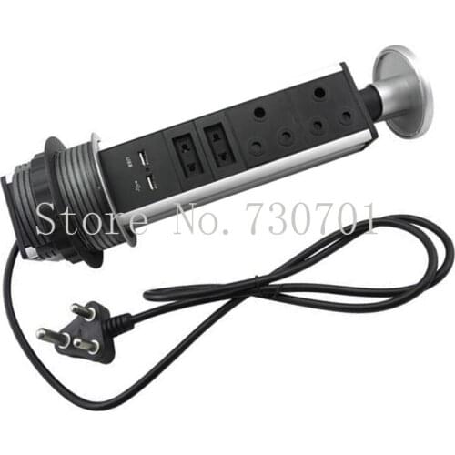 South Africa pop up socket with 2* three pin power + 2 * two pin power +2* charge USB silver or black cap hidden in the table