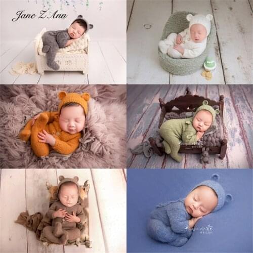 Jane Z Ann Newborn Handmade Wool Knitted Jumpsuit+hat Bear Ear Set Children Photography Prop Clothing 6 colors