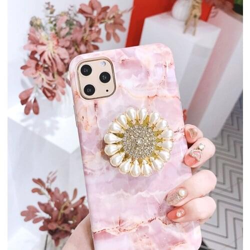 Japan pink marble bling drilling Diamond Soft silicon phone case for iphone 7 8 Plus X XS XR MAX 11 Pro 12 SE holder stand cover