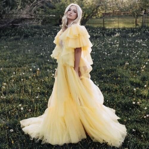 Yellow Illusion Maternity Dress For Photo Shoot Puffy Sleeves Maternity Photography Outfit Maxi Gown Pregnancy Women Long Dress