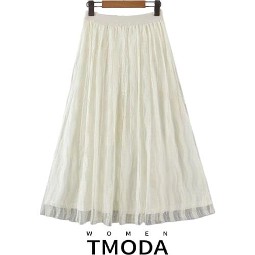 TMODA1798 Za 2021 Summer Womens Long Maxi Lace A-line Light Yellow Skirt Female Sweet High Elastic Waist Quality Skirt Streewear