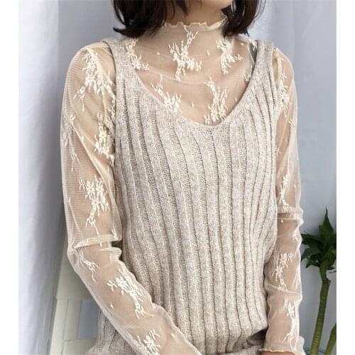 Hot Fashion Lace Shirt Women Long Sleeve Autumn Winter Casual Transparent Bottom T Shirt Mesh Top office lady Shirts
