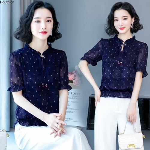 Houthion Womens Blouse Short Sleeve Top Casual Draw Back Chiffon Summer 2021 New Shirt V-neck Jacquard Bow Fashion Blouses