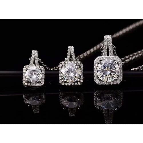 S925 Sterling Silver Square Pendant 1ct-3ct Round Moissanite D Color Necklace Full Diamond for Women Classic Free Chain