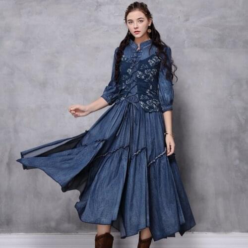 Amazons 2020 spring the new printing irregular retro sleeve A82199 cowboy dress in embroidery
