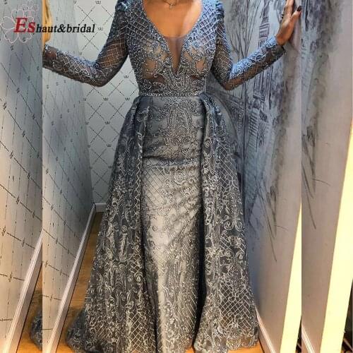 Dubai Full Lace Long Sleeves Evening Dress 2020 Mermaid V-Neck Crystal Handmade with Side Slit Arabic Formal Party Gown