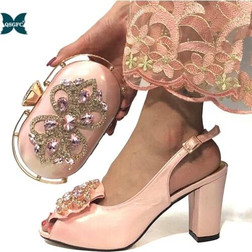 2020 Nigerian Women Party Pumps High Heels Ladies Italian design Shoes and Bag Set Decorated with Rhinestone Wedding Party Shoes