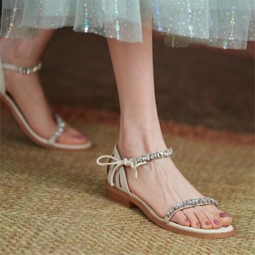 2021 New Fashion Womens Rhinestone Flat Sandals Soft And Breathable Womens Shoes Genuine Leather High-quality Handmade