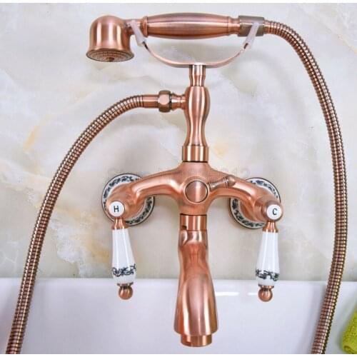 Antique Red Copper Clawfoot Bathtub Faucet Set with Handheld Shower Dual Ceramic Handles Mixer Taps Wall Mounted tna314