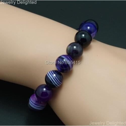Purple Stripe Aga-te Natural Gem Stone 10mm Round Smooth Beads Handmade Stretchy Bracelet Healing Reiki Chakra Jewelry 10pcs/Lot