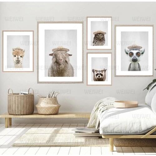 Canvas Painting Raccoon Sloth Alpaca Sheep Nordic Posters and Prints Animals Wear Hats Art Wall Pictures for Living Room Decor w