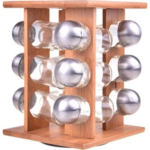 Storage Spice Jar Organizer Rotating Container Set of 13 Glass Storage Jar With Steel Lid Bamboo Stand Spice Sugar Holder Bottle