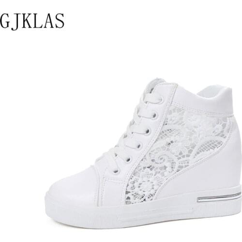 Platforms High Top Wedge Shoes Sneakers Lace Silver White Shoes Woman High Heels Casuales Sport Shoes for Women Chunky Sneakers