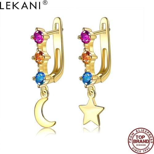 LEKANI Asymmetrical Star & Moon Stud Earrings Dangle For Women Dazzling Cubic Zirconia Gold Plated Earring Part Fashion Jewelry