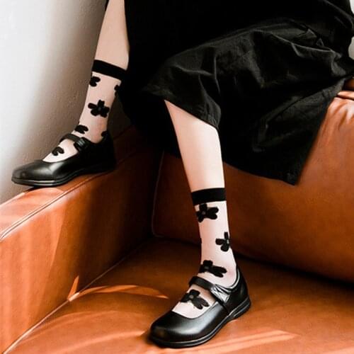Summer Women Long Socks Harajuku Thin Transparent Crystal Silk Socks Floral Lolita Style Japanese Kawaii Cute Glass Silk Socks