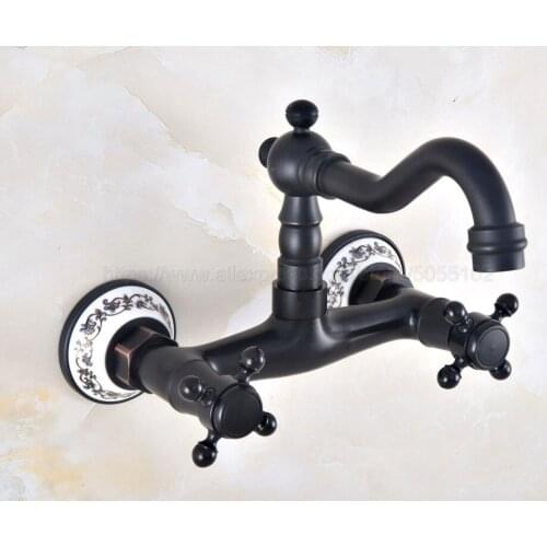 Oil Rubbed Bronze Dual Handles Bathroom Kitchen Sink Faucets Wall Mounted Swivel Spout Two Holes Kitchen Mixer Taps znf817