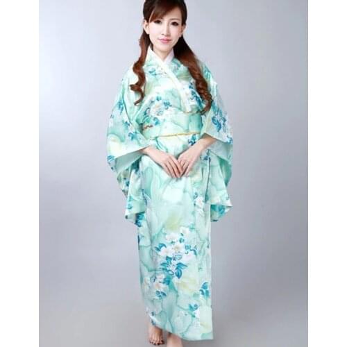 Fashion Light Blue Japanese Womens Silk Satin Kimono Yukata Evening Dress Flower One Size Free Shipping H0047