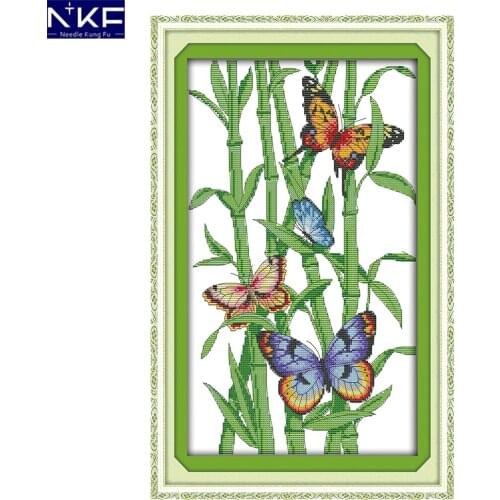 NKF Butterfly and Bamboos Stamped Cross Stitch Kits 11CT14CT DIY Needlework Embroidery Chinese Cross Stitch Sets for Home Decor