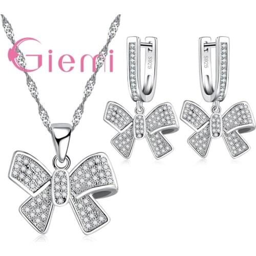 Romantic Sweet Bow Tie Shape Women Jewelry Sets 925 Sterling Silver Accessories For Ladies Pendant Necklace Hoop Earrings