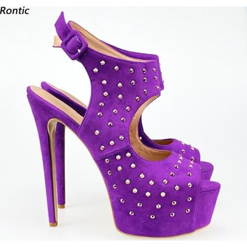 Rontic Handmade Women Platform Sandals Unisex Studs Sexy Stiletto Heels Peep Toe Pretty Purple Night Club Shoes US Size 5-20