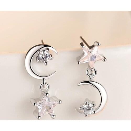 KOFSAC Fashion Cute Asymmetrical Star Moon Crystal Earring 925 Sterling Silver Jewelry Earrings For Women Party Accessories Gift