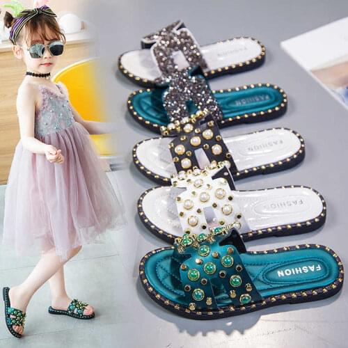 Girls Summer Slippers Fashion Princess Children Beach Slides for Kids Big Teenagers Rivets Pearls Beading 26-39