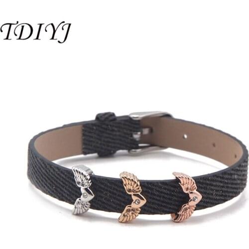 TDIYJ Keeper Beach Summer Black Denim Leather Bracelet Flying Heart DIY Slide Charms 1Set