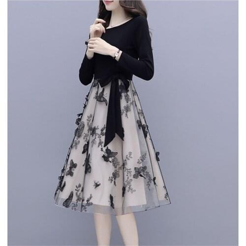 Spring Women Long Sleeve Patchwork Mesh Dress Elegant Lady Midi Long O-neck A-line Dressess Embroidery Vestidos Bottomings W1324