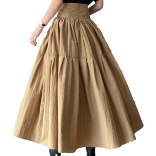 French style summer vintage high waist skirt women slim big swing mid calf skirt