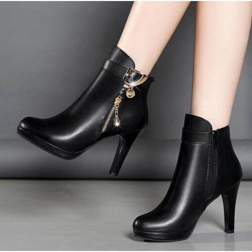 Fine heel Leather women chain boots sexy high heels ankle boots for women fur warm boots winter and autumn woman shoes plus size