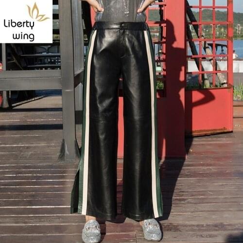 Womens Autumn Winter Sport Casual Slim Wide Leg Fashion Genuine Leather Sheepskin Mixed Colors Full Length Pants Plus Size