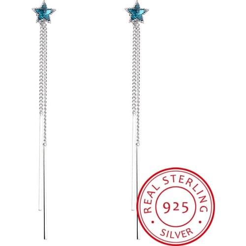 Temperament 925 Sterling Silver Blue Crystal Stars Long Tassel Ear Line Dangle Earrings For Women Gift Fashion Jewelry E769