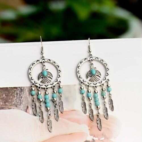 Womens Vintage Silver Color Tassel Beaded Earrings Retro Round Animal Long Turquoises Earrings Indian Jewelry Pakistani