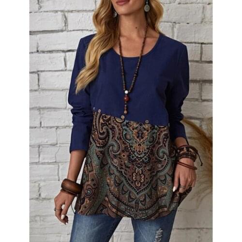 Long Sleeve Casual Ladies Pullover Shirts Solid Patchwork Vintage Ethnic Print Cotton Linen Blue Loose O-neck 3XL Women Dresses