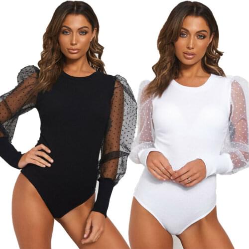 Womens Sheer Mesh Sleeve Bodysuit Spring Summer Slim Casual Shirts Mesh Puff Sleeve Bodysuit Stretch Leotard Slim Tops Jumpsuit