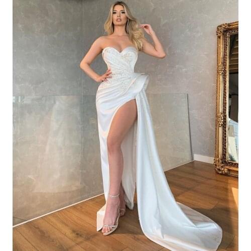 Sexy Evening Gowns with High Side Split Long Mermaid Prom Dresses Beaded New Arrival Women Formal Celebrity Dress