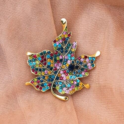 1pc Large Metal Maple Leaf Brooch Vintage Multicolor Rhinestone Pins Birthday Gift For Women Men Dress Coat Scarf Hats Jewelry